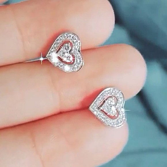 🍁925 Silver Plated New Arrival CZ Heart Shaped Earings, MARR9349 - Picture 4 of 6